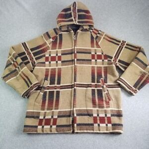 VTG Norm Thompson Jacket Mens Large Beige Plaid Wool Full Zip Baja Drug Rug 90s